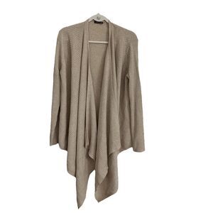 Eileen Fisher Cardigan Large Oatmeal Wool Draped Rib Knit Open Waterfall Sweater
